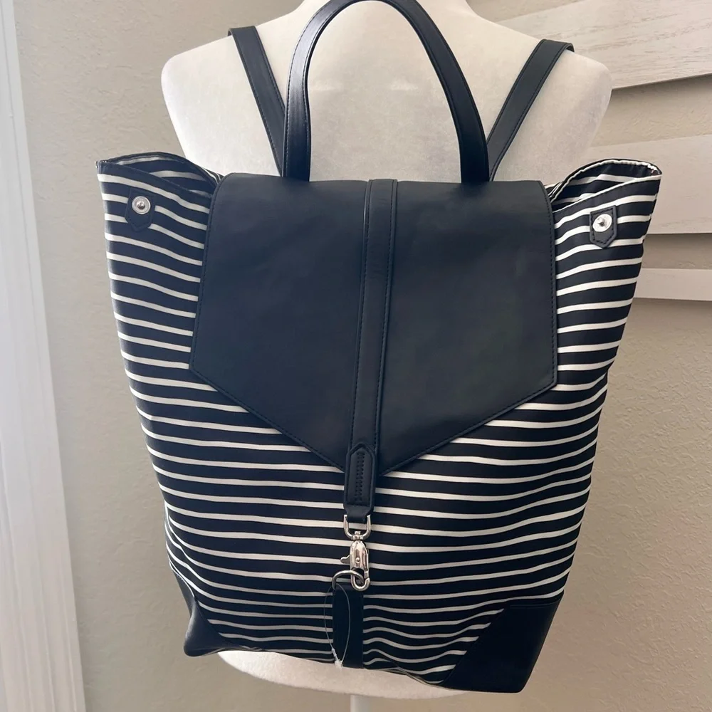 Stella & Dot Black & White Stripe Convertible Backpack Tote | Vegan Leather